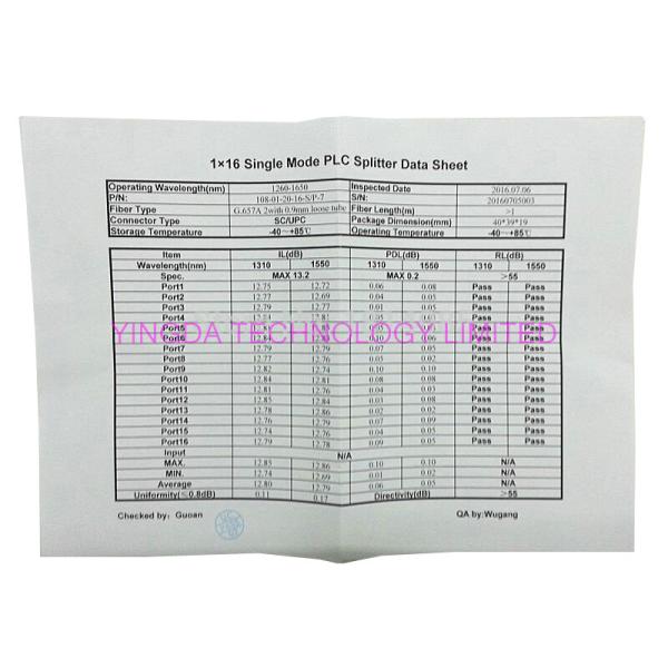  0.9mm Steel Tube Fiber Optic PLC Splitter 1X16 G657A1 1.5m 0.9mm With SC UPC Connector