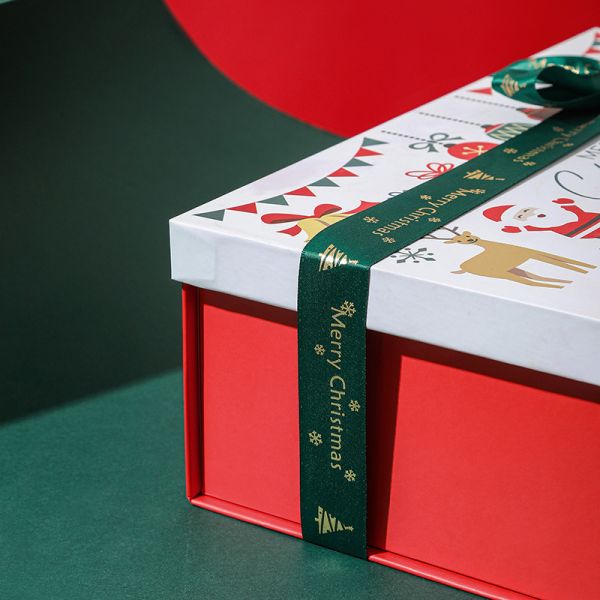 Merry Christmas Gift Box Premium Red Holiday Packaging Heaven Earth Lid Design Green Ribbon Closure Scarf Glove Christmas Present Box