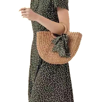 Brown Corn Skin Crochet Hand Bag Small With Green Scarf Bow Woven ODM