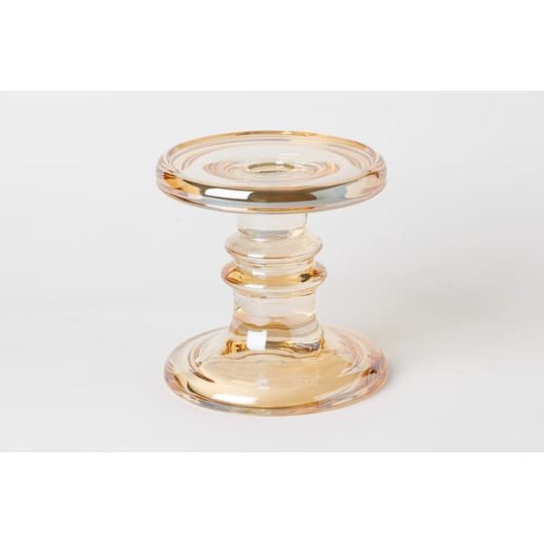 Electroplate Gold Pillar Color Glass Candle Holder Machine Pressed 11.2cm Height