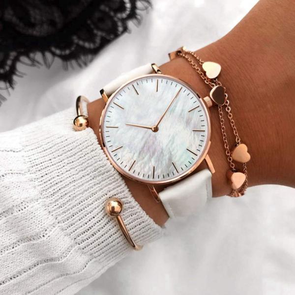 Colorful MOP Dial Leather Strap Quartz Watch Womens Ultra Thin Design Case