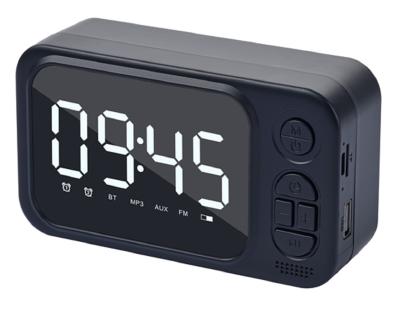 52mm speaker, 3W RMS output, supports Bluetooth, AUX, TF card, USB, FM radio, and clock. Compact and lightweight (139*78 *46mm).