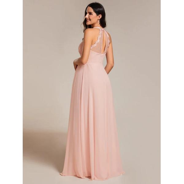 Empire A-line Backless Floral Halter Neck V-neck Pleated Cut-out Back Zipper Mint Green Chiffon Bridesmaid Dress
