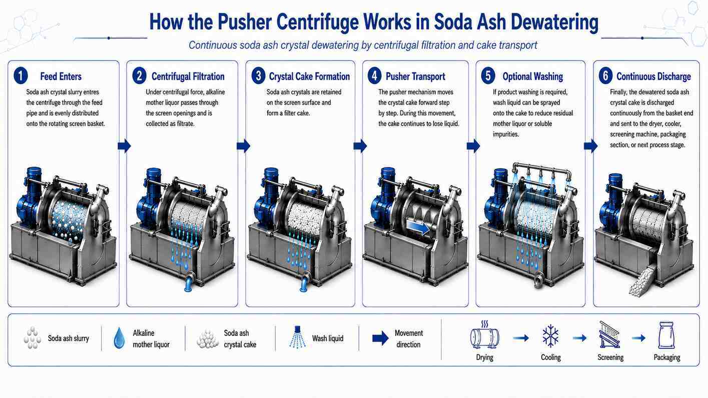 Low-Cake-Moisture Pusher Centrifuge for Soda Ash Dewatering