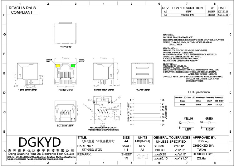 Металл KRJ-56S1X1YGNL защищал разъем-розетку Cat5 Rj45