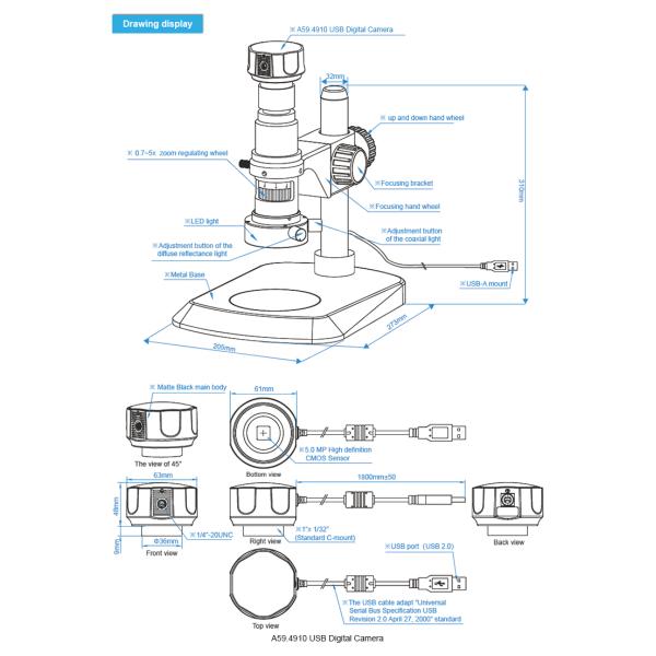 A34.4904-C Portable Digital Microscope / Dual Coaxial LED Digital Usb Microscope