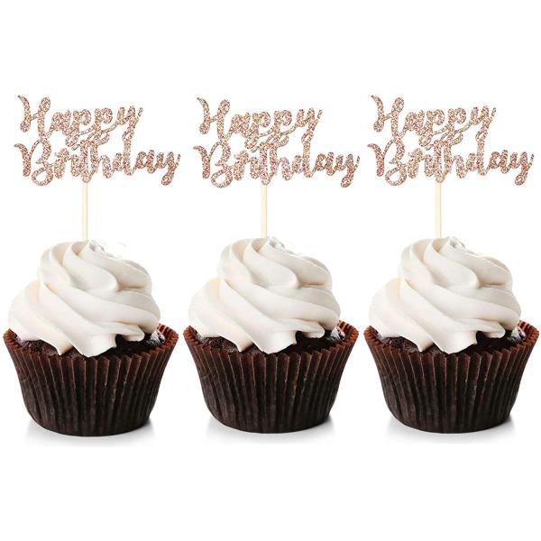 Rose Gold Glitter Happy Birthday Paper Cupcake Topper