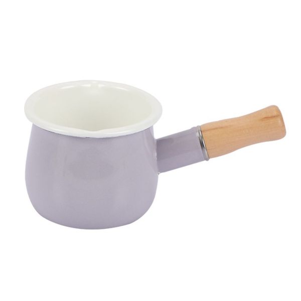 Customized Logo Small Enamel Saucepan 550ml Warmer Pot With Wooden Handle