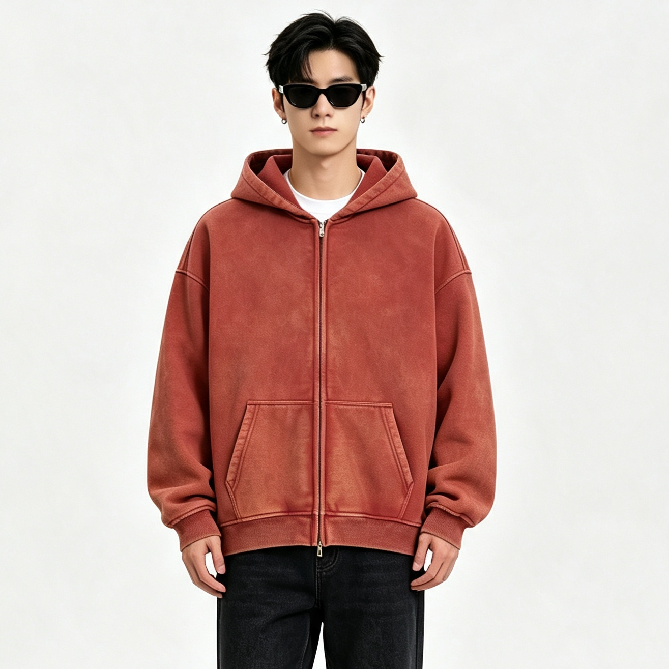 Men’s Vintage Washed Zip-Up Hoodie Oversized Fleece Lined Winter Casual Sweatshirt