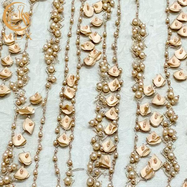 Wedding Dress 3D Flower Embroidery Lace Fabric With Heavy Beads