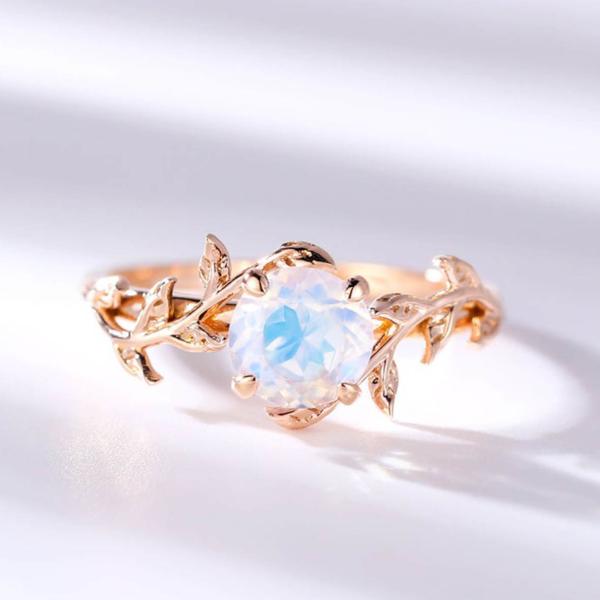 14K Rose Gold Moonstone Wedding Rings Leaf Flower Round Cut