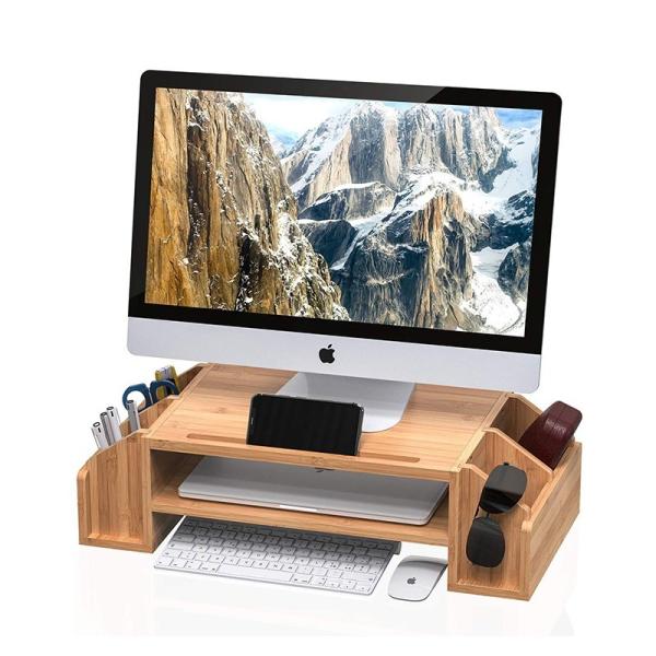 Conveniente suporte de monitor de bambu de 2 camadas com 58*25*16cm Caixa de armazenamento multifuncional
