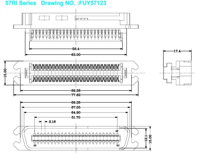 разъем Centronics черноты Pin тангажа TYCO AMP 50 0.085in для кабеля RJ 21