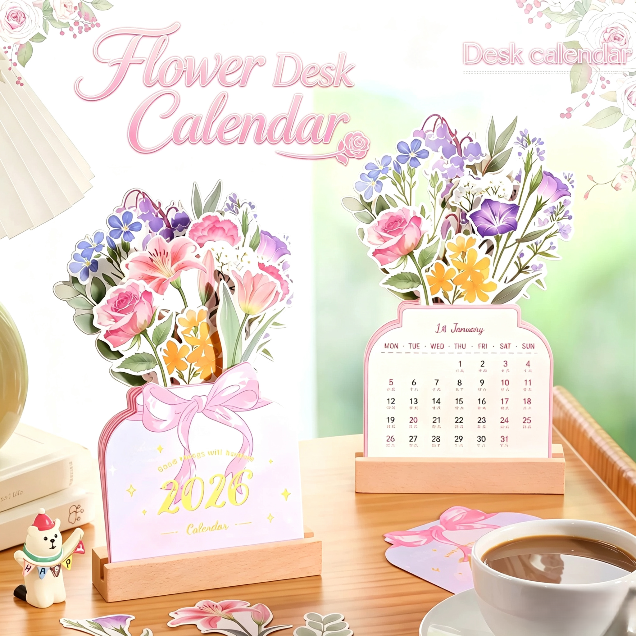 3D Desk Calendars With Die Cut Floral Design And Wooden Stand For Office Decor