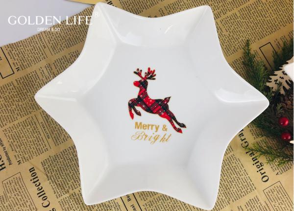 Porcelain Hexagon plate with grid elk  X`mas design Dinner Plate Household Breakfast Snack Dishes Plate