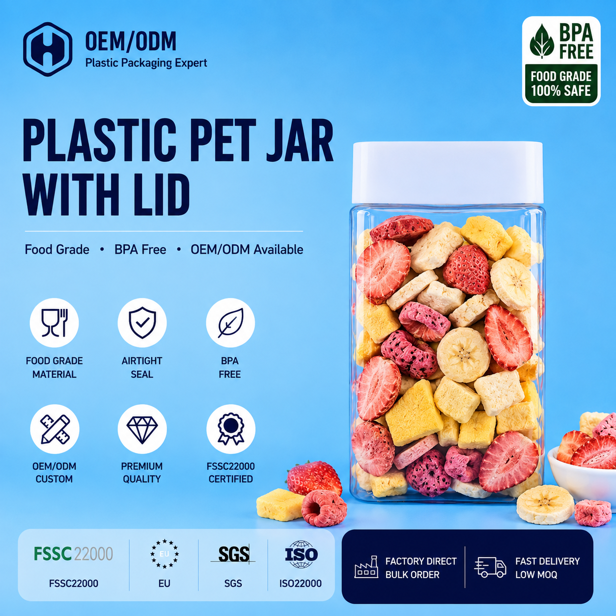 Eco Friendly Clear Custom PET Jar For Freeze Dried Strawberries Mango Cubes Fruit Crisps