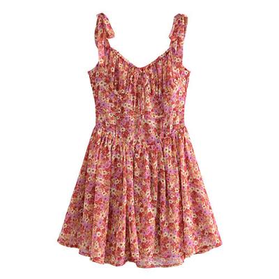 Floral suado francês ata acima a saia curto sem costas sexy do emagrecimento do vestido do Suspender