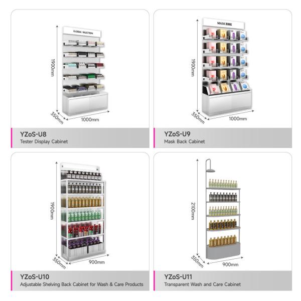 Étagère de magasin de beauté avec dos lavable et armoire avec étagères réglables pour la conception de magasins de soins de la peau et de présentoirs de maquillage