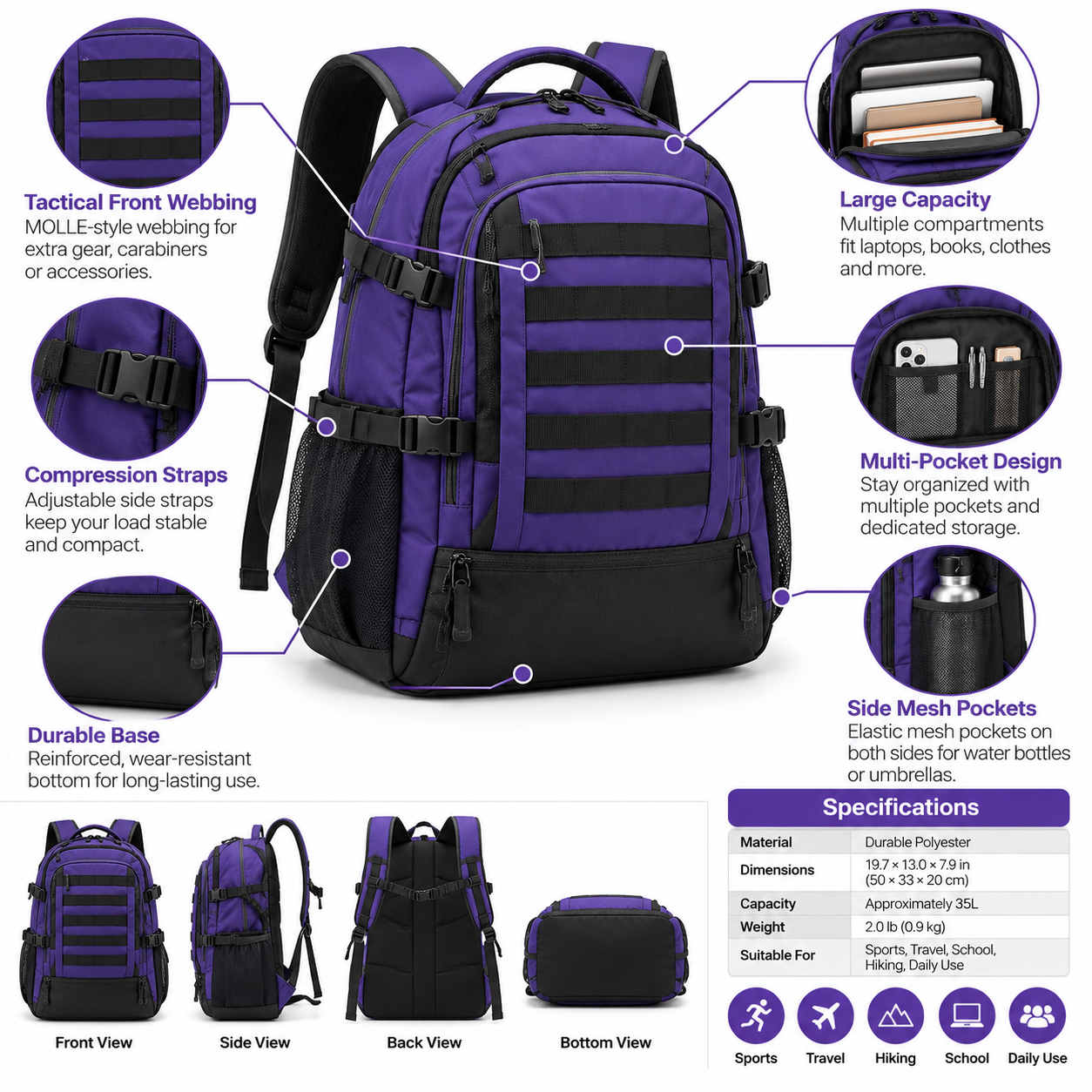 ODM Bag Supplier Tactical Travel Backpack – Large Multi-Pocket Outdoor Backpack with Compression Straps, MOLLE Webbing, Side Mesh Pockets & Padded Shoulder Straps