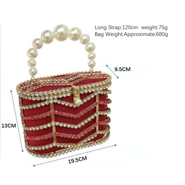 Flat Bucket Shape Pearl Hand Bags Red Fabric Inlaid Diamond OEM ODM