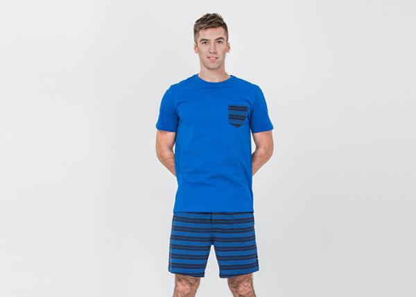 Mens Cotton Jersey Round Neck Tee and Yarn Dyed Striped Short Pants Pyjamas Set Functional Placket Side Pockets