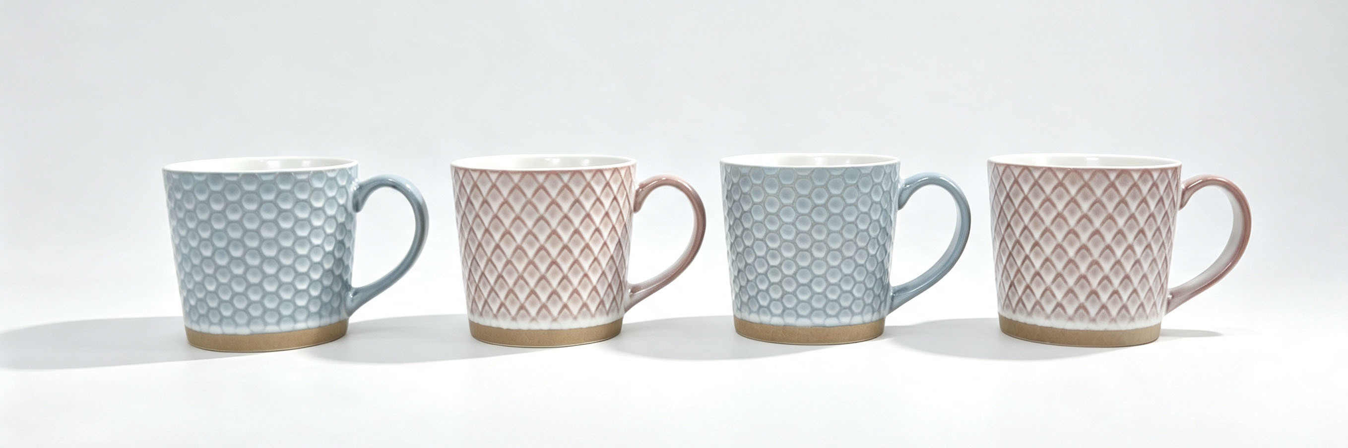 Set of 4 Embossed Geometric Textured Ceramic Mugs, Pastel Blue Honeycomb & Blush Pink Diamond Pattern Stoneware Coffee Cups with Natural Raw Clay Base, Microwave & Dishwasher Safe Modern Farmhouse