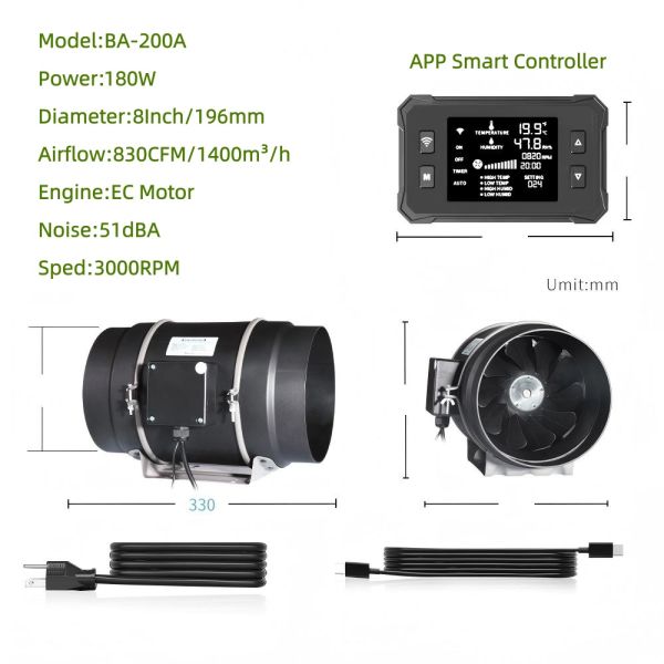 BAVAGREEN WIFI APP Smart Inline Booster Duct Fan Quiet EC Motor 4 6 8 Inch Ventilation Exhaust Fan for Grow Tent ,Home