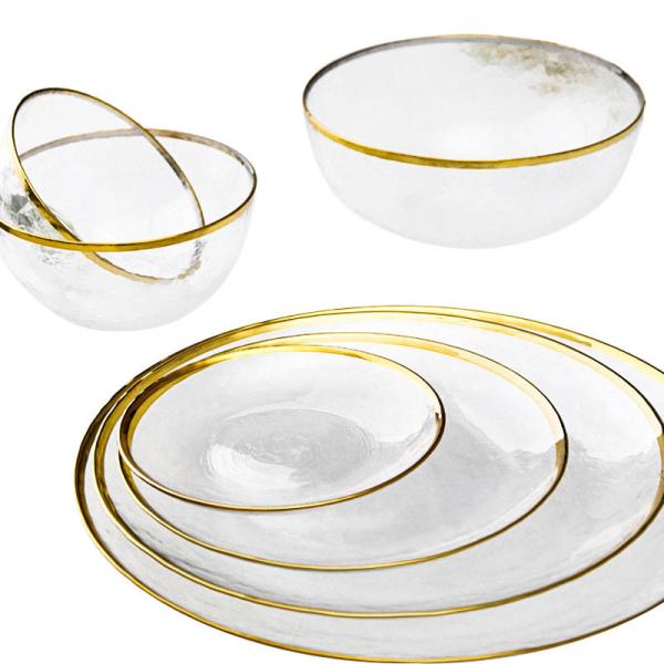 Plaque de chargement en verre de 13 pouces soufflée à la main avec ensemble de bol avec bordure en or Durable pour le dîner