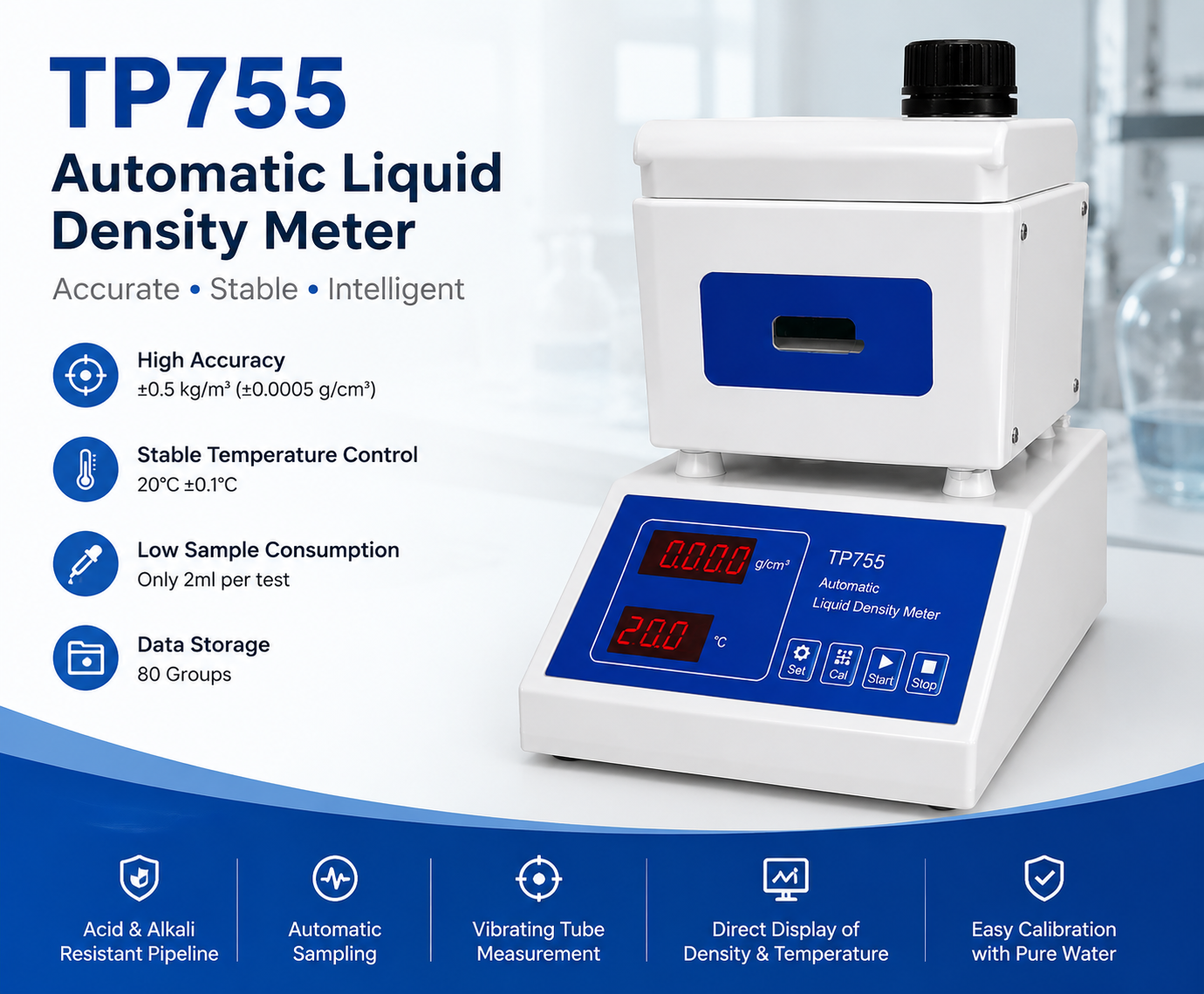 TP755 Automatic Liquid Density Meter with Vibrating Tube Technology for Petroleum and Chemical Testing