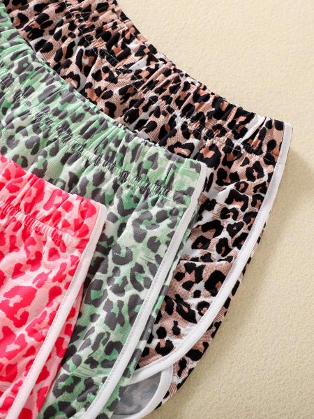 Calças curtas de algodão poliéster casual com padrão de leopardo