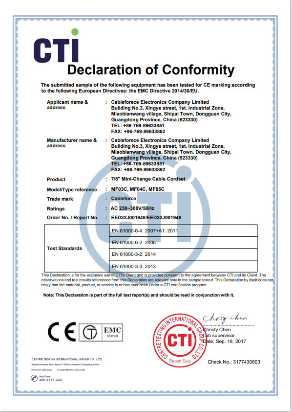 Dongguan Cableforce Electronics Co., Ltd Сертификации