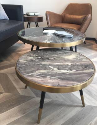 2 Pieces Round Mable Top Coffee Table set Stainless Steel leg trimming