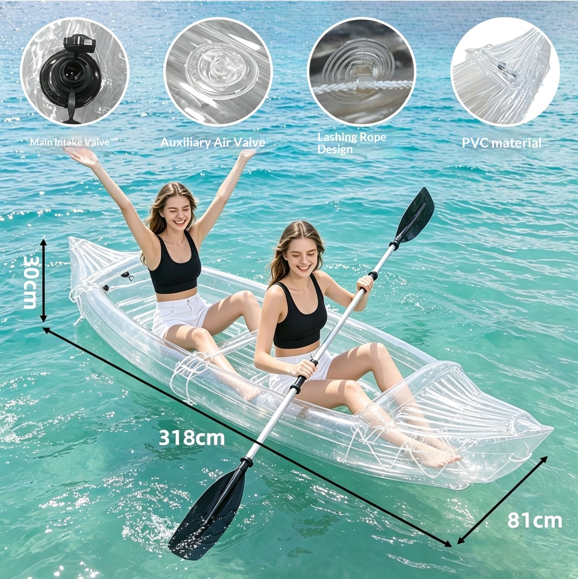 2-Person Inflatable PVC Kayak Folding Fishing Boat Thickened Assault Boat Transparent Outdoor Wading Rubber Boat