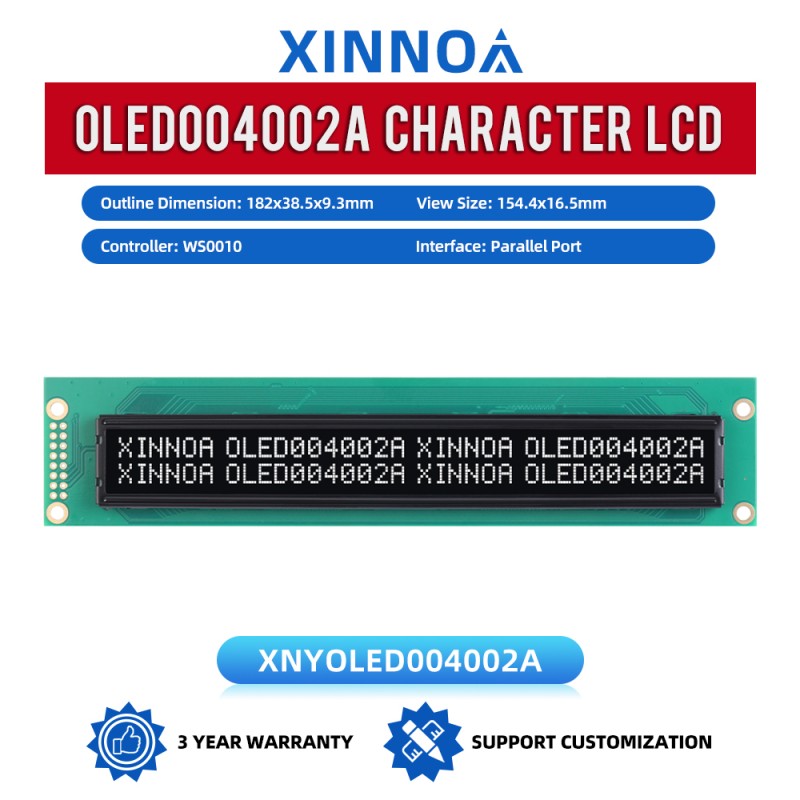 OLED004002A Black Film, 40x2 Character OLED LCD Display, WS0010 Controller, Parallel Port,154.4x16.5mm View Size,Working Temperature -40+80 Display