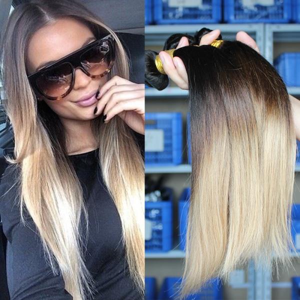 Ombre Brazilian Straight Hair Bundles Three Tone Blonde Ombre Human Hair Weave 1b/4/27