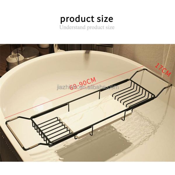 Bathroom Stainless Steel Scalable Bathtub Storage Rack Shower Gel Organizer Holder Non slip Marble Anti Slip Bathtub Caddy Tray