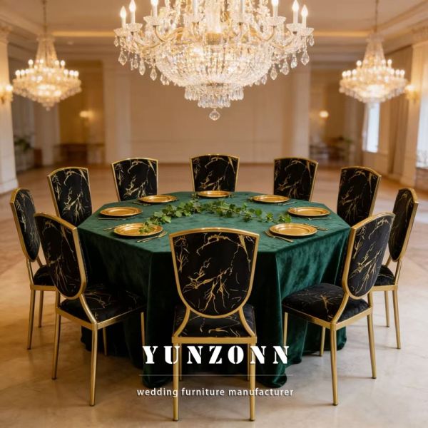 Gold Themed Weddings and Hotels Black Velvet Cushioned Metal Stackable Banquet Chairs