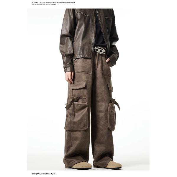 Loose Straight Leg Casual Trousers for Men Vintage Multi-Pocket Deerskin Overalls