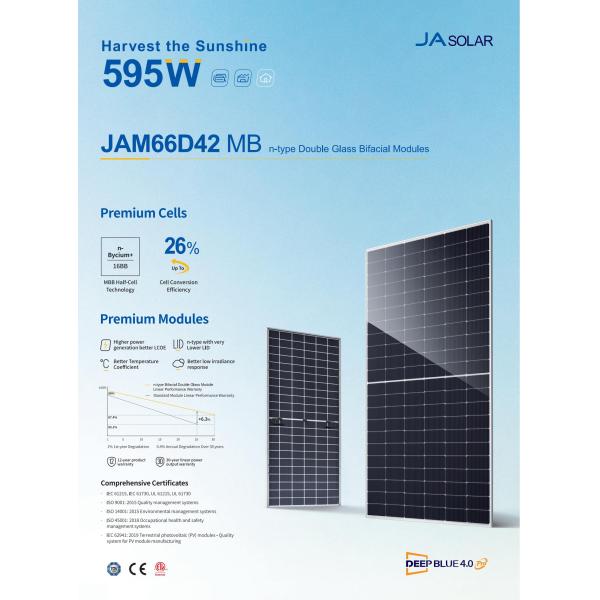 JAM66D42 MB 570W-595W N Type Double Glass Bifacial Solar Panels for Solar Power System