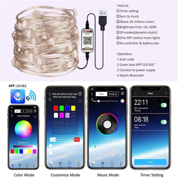 Christmas Tree Decoration LED String Lights Smart Blutooth Personalized RGB String Lights Customized App Remote Control Lights
