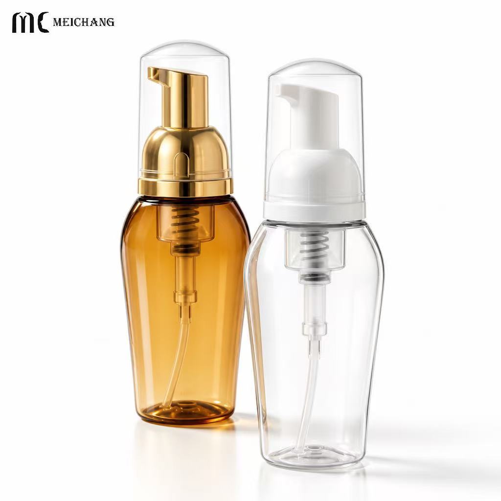 Custom PET Foaming Pump Bottle with Clear Protective Cap, 50ml & 80ml Special-Shaped Foam Pump Bottle（MC-1808）