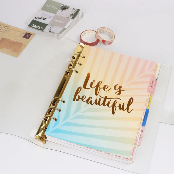 A5 A6 clear PVC Binder with 6 Holes , clear PVC Planner Cover with Gold Binder