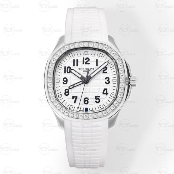 Patek Philippe Aquanaut Luce 5067A Moniteur Blanc Diamant Bézel Femmes Luxe Montre sur la courroie en caoutchouc blanc Quartz Suisse