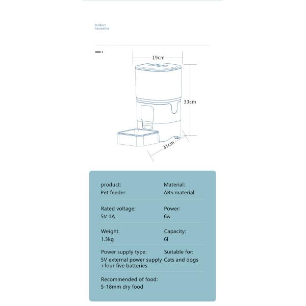 Comedor de gato inteligente ABS 6L blanco Comedor automático de cámara para mascotas para animales pequeños