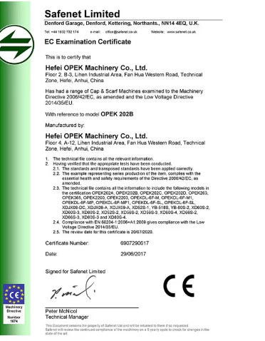 Hefei Opek Machinery Co., Ltd. Certifications