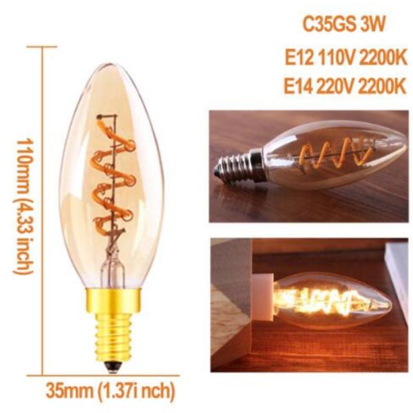 Лампа шарика шарика E14 E12 110V 220V 3W винтажная Edison нити СИД спирали C35