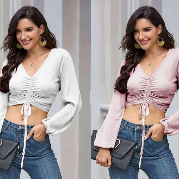 Do decote em V alto da cintura das mulheres pequenas da roupa do grupo partes superiores longas versáteis finas do short da luva