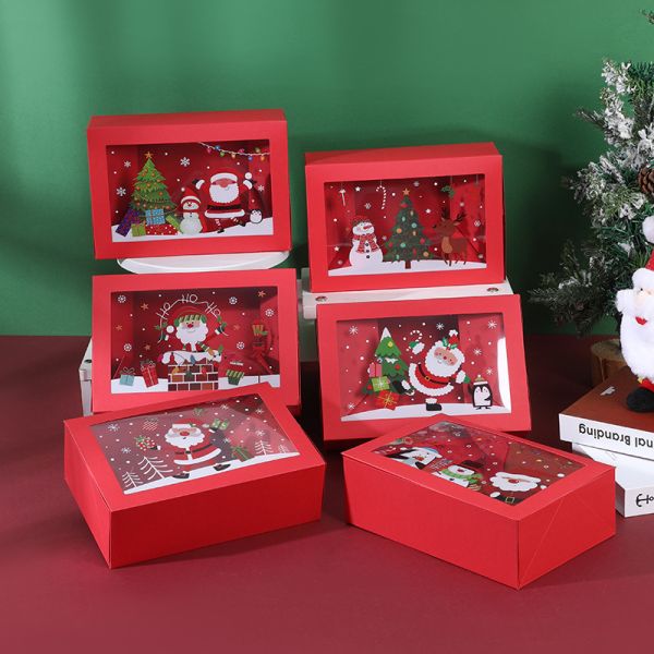 Transparent Window Christmas Red Gift Boxes - White Cardboard Packaging For Egg Tarts Desserts Candies & Cookies Foldable Holiday Treat Boxes