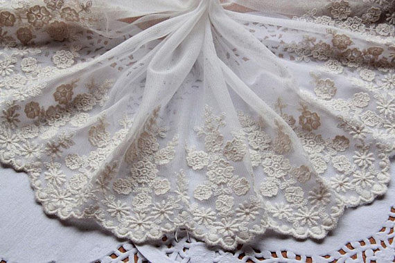 Plum Blossom Embroidery Floral Nylon Lace Dress Fabric By The Yard 5.5” Width