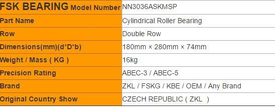 ZKL NN3036ASKMSP Double Row Cylindrical Roller Bearing Brass Cage